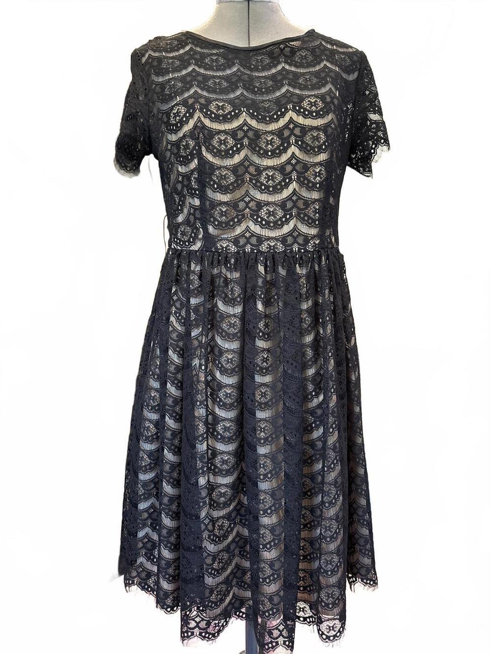 Vintage Black Lace Midi Dress with Short Sleeves Size 8